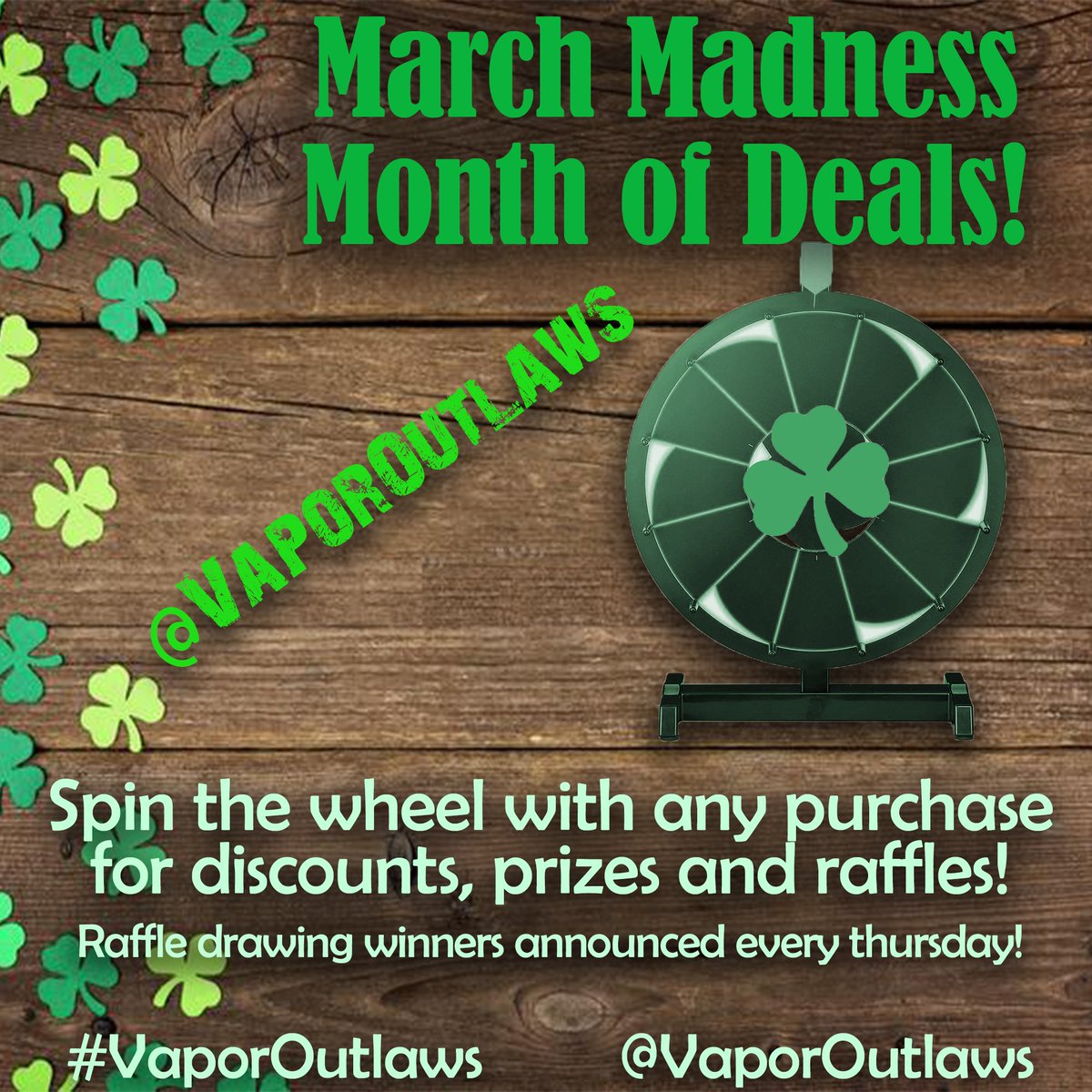 VaporOutlaws's tweet photo. Spin the wheel with any purchase for discounts, prizes and raffles! 
Raffle drawing winners announced every Thursday! On facebook and our website!

#VaporOutlaws #Vape #Vapor #vapenation #VapeFam #Williston #ND #vapedaily  #vapedeals #Discount #Raffle #March #StPatricksDay https://t.co/9DxQrNLGcR