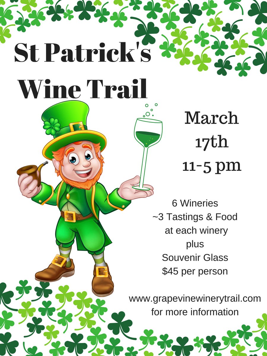 HomesteadWinery's tweet photo. Need something to do this St Patrick’s day check out our Wine Trail in Grapevine... https://t.co/M8VFii3sbf #txwine #urbanwinetrail #grapevineTX https://t.co/waSgFY7L1s