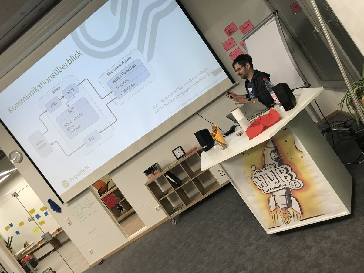 conplementAG's tweet photo. Alex (@chronos1981) trifft Alexa und die @Dodnedder.
Volles Haus bei der Session zum Anprogrammieren von #Alexa mit C# im neuen #InnovationHub der @conplementAG.
#dodnedder #echo https://t.co/wKCiDvHt6E