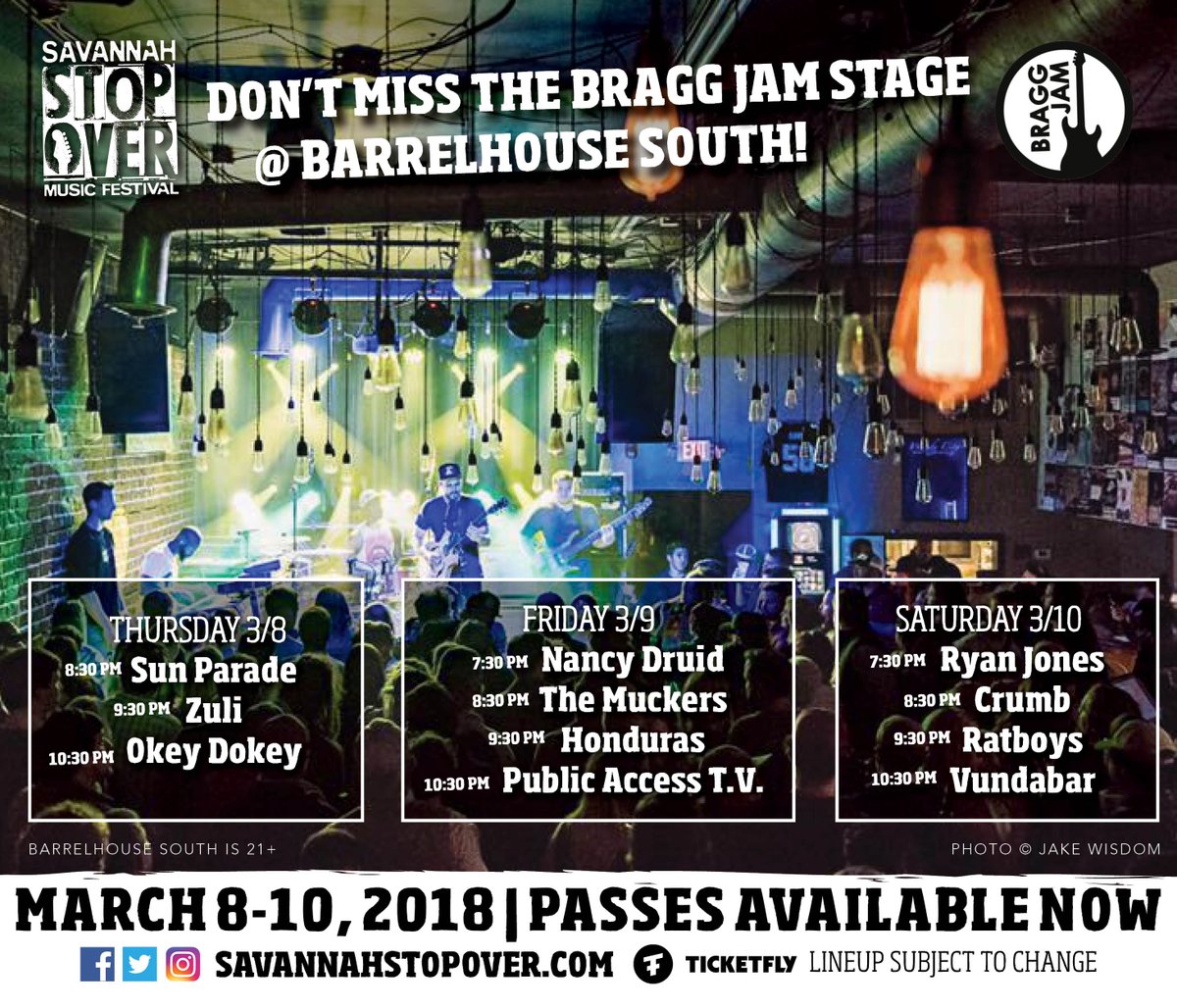 Only eight more sleeps until <a href="/SavStopover/">Savannah Stopover</a>! Make sure you check out Bragg Jam alums <a href="/LarkinPoe/">Larkin Poe</a> &amp; <a href="/okeydokeyband/">Okey Dokey</a>! Don't forget about the Bragg Jam stage at Barrelhouse South! savannahstopover.com/tickets/