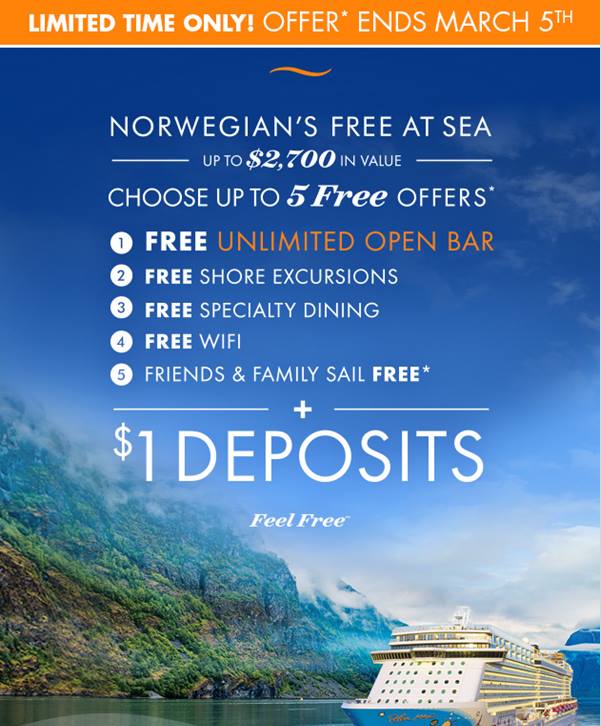 AllWhoWanderCP's tweet photo. Still waiting on that tax refund? This weekend you can secure your Free at Sea booking on Norwegian with $1 deposits!  This offer ends March 5th, so contact me today to get started on your next adventure! https://t.co/2ZHtBBGlEh