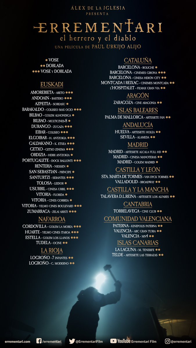 ErrementariFilm's tweet photo. Listado de cines donde podréis acudir al encuentro con el Maligno.

Actualizado con:

· Desglose de salas en VO, VOSE y VE
· Pases en Gran Turia (VALENCIA)
· Pases en Aragonia (ZARAGOZA)
· Pases en Montcada (BARCELONA)

@alexdelaIglesia presenta @ErrementariFilm, de @PaulUrkijo. https://t.co/HYL6IUyTcW