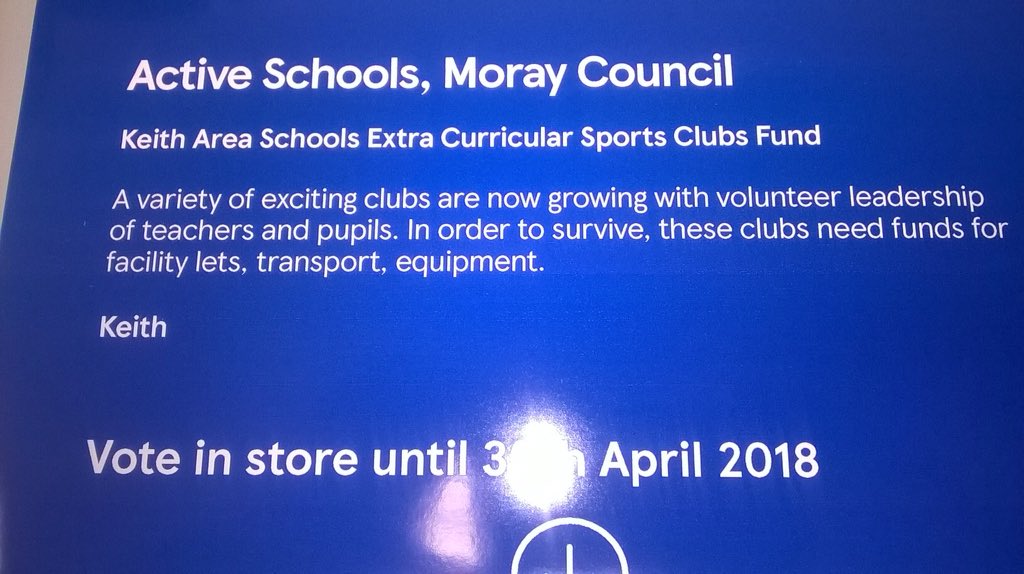 TescoKeithmoss's tweet photo. 🔵🔵🔵 #BagsOfHelp next round gets underway @TescoKeithmoss New projects are 1. Active Schools sport clubs 2. Touchdown Memorial Home for Horses 3. Dufftown Highland Games. #GoodLuck #letskeepvoting 🔵🔵🔵 #Bluetokens (vote ends 30/4/18) https://t.co/dzSDt3IZU0