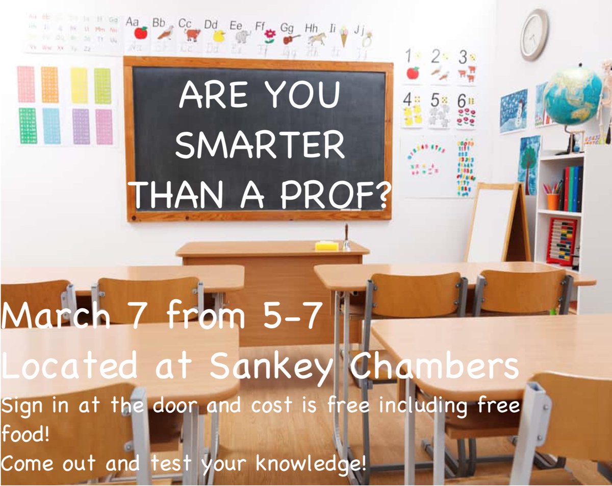 DO YOU THINK YOUR SMARTER THEN A PROF? Come on out next Wednesday March 7th from 5-7 and go head to head with a panel of Brock University Professors in a FREE trivia challenge!! Hosted by The Brock Biological Society! 

#BrockU #BrockBioSociety #AreYouSmarterThanAProf