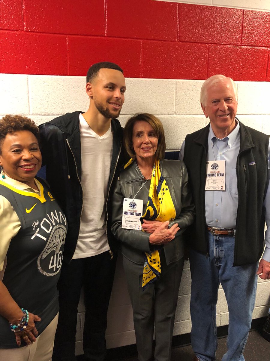 Leader Pelosi, Representative Barbara Lee & Representative Mike Thompson take a picture with Stephen Curry of the Golden State Warriors