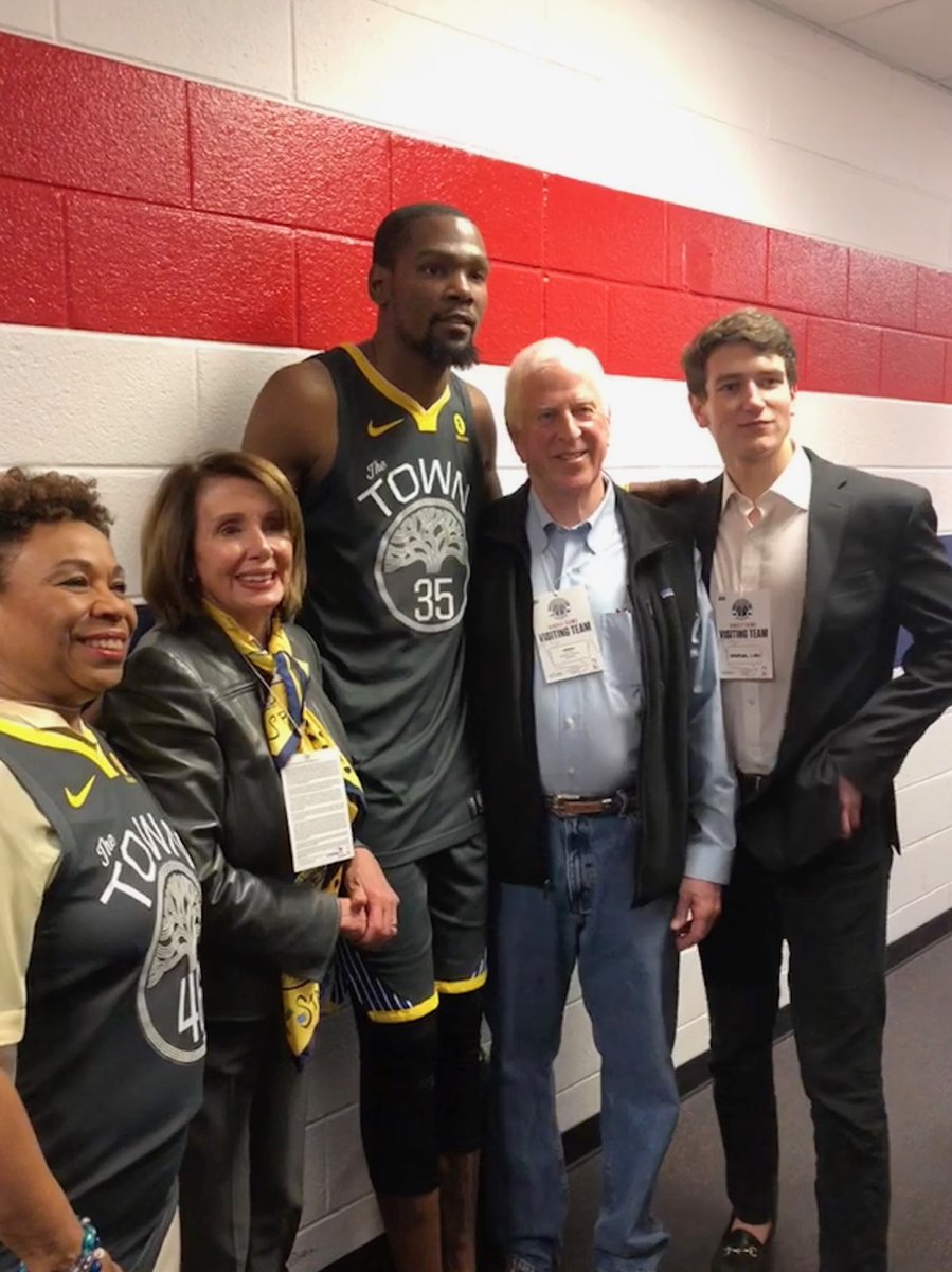 Leader Pelosi, Representative Barbara Lee & Representative Mike Thompson take a picture with Kevin Durant of the Golden State Warriors