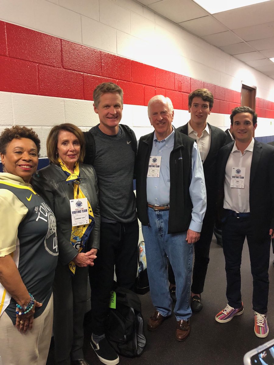 Leader Pelosi, Representative Barbara Lee & Representative Mike Thompson take a picture with Coach Steve Kerr of the Golden State Warriors
