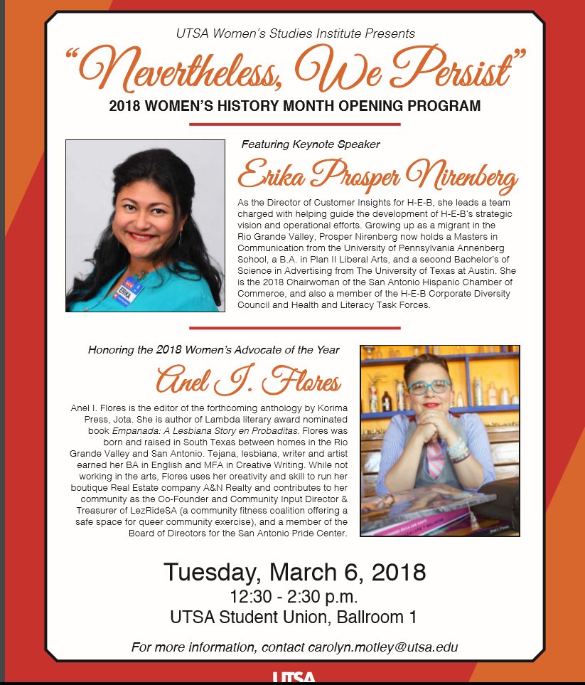 WSIUTSA's tweet photo. Join us in celebrating our 15th annual #WomensHistoryMonth with our keynote speaker Erika Prosper Nirenberg  (@ErikaProsper) and our advocate of the year Anel I. Flores (@aneliflores) on March 6!  #UTSA #UTSAWSI https://t.co/yYeXcISwol