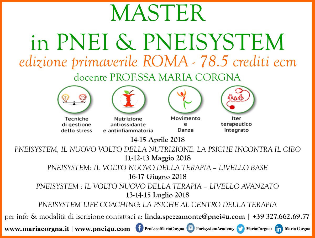 MariaCorgna1's tweet photo. Quanti soffrono di sintomi che causano malessere diffuso e comportano un'insoddisfacente qualita di vità?
#Pneisystem è la risposta!!!
Partecipa al nostro master.
Sono aperte le iscrizioni per l'edizione di Roma, 
info &amp; iscrizioni https://t.co/zqa5nl6vut https://t.co/z25AcbxnBh