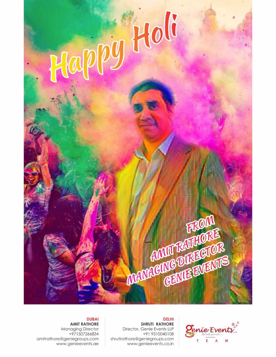 shrutirthr's tweet photo. May the goodness of colours have the power to end all the negatives everywhere. Prayers and wishes for all. 
Happy Holi........ #Holi2018 #Holi on behalf of @GenieEventsIndia #GenieEventsDubai #FestivalOfColours https://t.co/onARccElwz