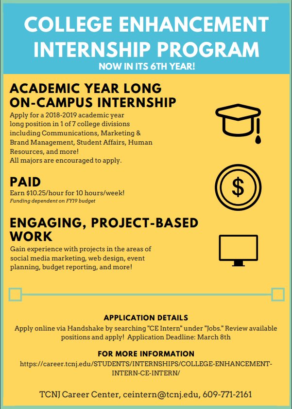 TCNJCareer's tweet photo. Don't forget! The deadline to apply for a CE Intern position is March 8th! Apply on handshake today! #TCNJ #hirelions #TCNJCareer https://t.co/l2pmtGqNO4