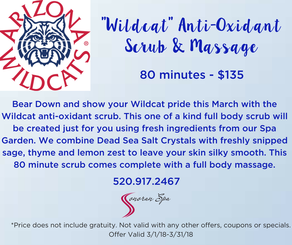 Westward_Look's tweet photo. The Sonoran Spa has a fantastic new special for the month of March! The Wildcat Anti-Oxidant Scrub &amp; Massage is perfect for relaxation and rejuvenation of the skin! Call 520-917-2467 for more information or to book an appointment today! https://t.co/rXsB1GgUgT