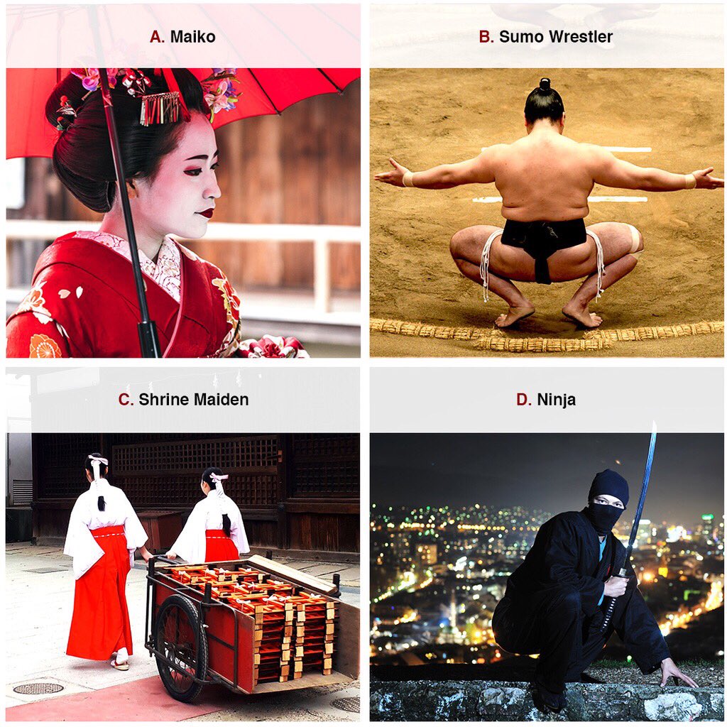 JapanWeekNY's tweet photo. Today is our third #jw_tell_us_about_japan!
If you went to Japan, which one would you like to meet? A powerful Sumo Wrestler? A Beautiful Maiko? An elusive Ninja? Or a dutiful Shrine Maiden?  Sound off in the comments below! Seeing one of them in a trip would be so lucky! https://t.co/vXT2l1c5gT