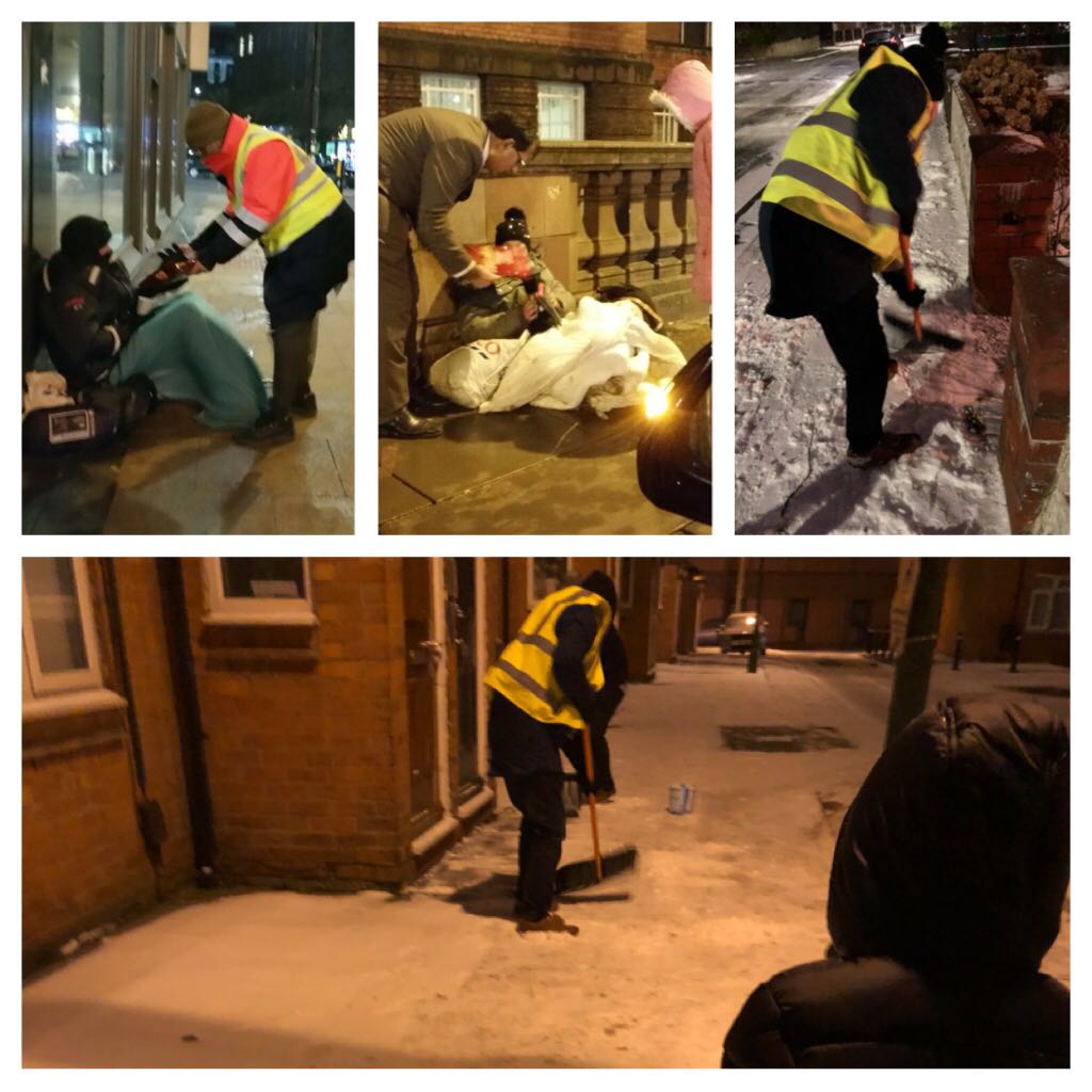 Volunteers from Khizra Mosque knocking on doors and asking if need help with shopping and clearing drive ways of snow for elderly and vulnerable in the local community and giving winter packs and food parcels to homeless. Jazakallah Khairun to all the volunteers