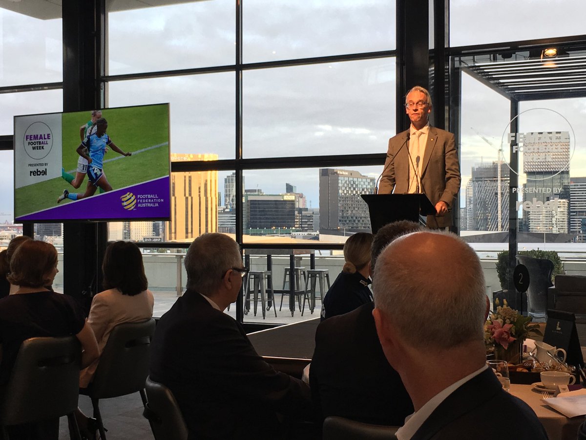 Falvs's tweet photo. David Gallop kicks off #femalefootballweek in Melbourne - promoting greater inclusion. @FFA @TheMatildas @WLeague #imagine23 https://t.co/h8vUSPPFAH