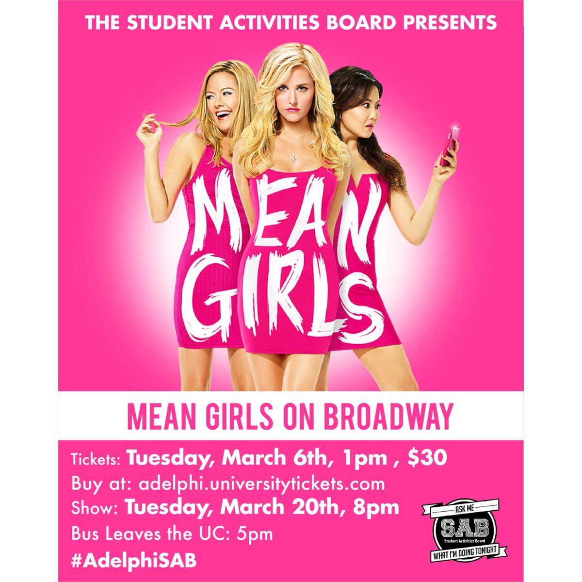 AdelphiSAB's tweet image. Not only can you get Spring Concert tickets on Tuesday you can also buy your tickets to see Mean Girls on Broadway! The trip is Tuesday, March 20th. Get them at adelphi.universitytickets.com #AdelphiSAB