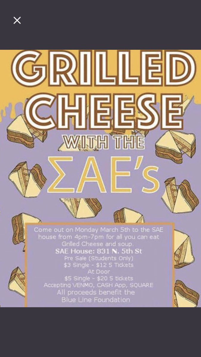 Help us support the Gentlemen of <a href="/stateSAE/">ΣΑΕ Indiana Sigma</a> at their Philanthropy event  next Monday, March 5th from 4:00-7:00! 💜 All proceeds go towards the #BlueLineFoundation (fallen police officers). All you can eat grilled cheese and soup for only $5!! ✨