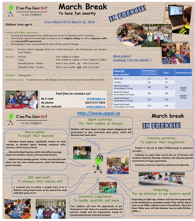 CestPasGeniAl's tweet photo. We are pleased to announce that CPGAL will be offering a camp during the coming March break, which will be taking place from March 08 to 16, 2018.
info@cpgal.ca
#onfr #Toronto #Kids #French https://t.co/jJCJQ38t28