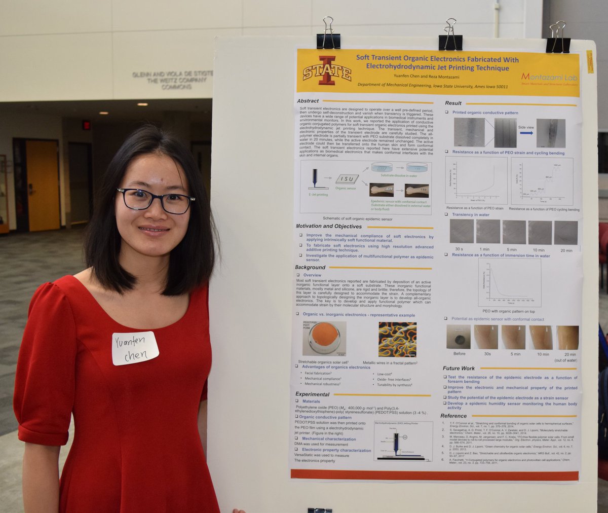 rmontazami's tweet image. My brilliant doctoral student, Yuanfen Chen, presenting her research on printable #soft_electronics at the ISU Mechanical Engineering Graduate Research Symposium.
Photo credit: @nick_fetty