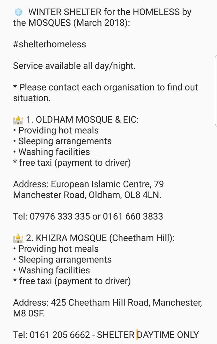 siemaiqbal's tweet photo. MOSQUES PROVIDING SHELTER FOR THE HOMELESS 👇

Please share.

#snow #Snowmageddon #Manchester #Bolton #Oldham #snowday #shelterforthehomeless 
#homeless https://t.co/jXjoqoecwN