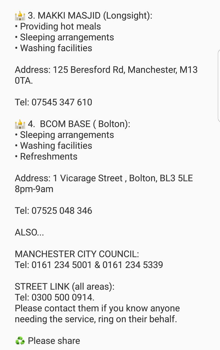 siemaiqbal's tweet photo. MOSQUES PROVIDING SHELTER FOR THE HOMELESS 👇

Please share.

#snow #Snowmageddon #Manchester #Bolton #Oldham #snowday #shelterforthehomeless 
#homeless https://t.co/jXjoqoecwN
