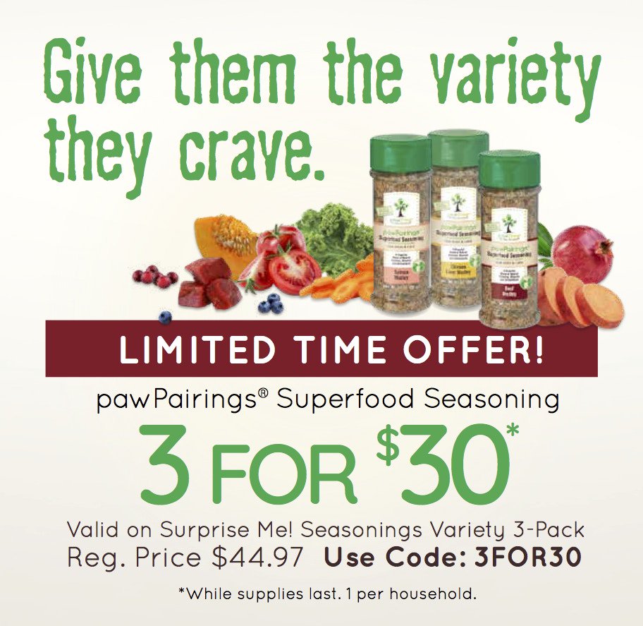 pawTree's tweet image. If you missed out in February, now is your chance to SAVE! 3 for $30 on the Surprise Me! Seasonings Variety 3 Pack. Use code: 3FOR30 #pawTree #promo #March