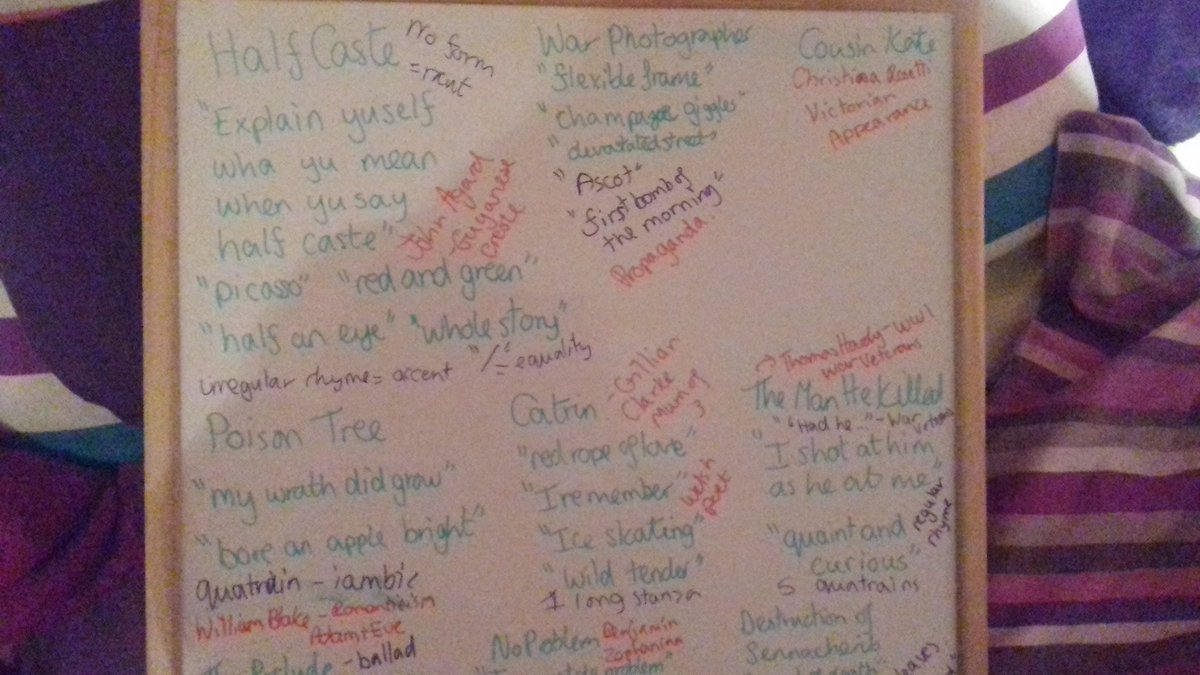 MissBennett_B's tweet image. Struggling to revise poetry? Write the poem titles you can remember with mini quotes, context and structure. #colourcode @NealeWade @EdexcelTeachers