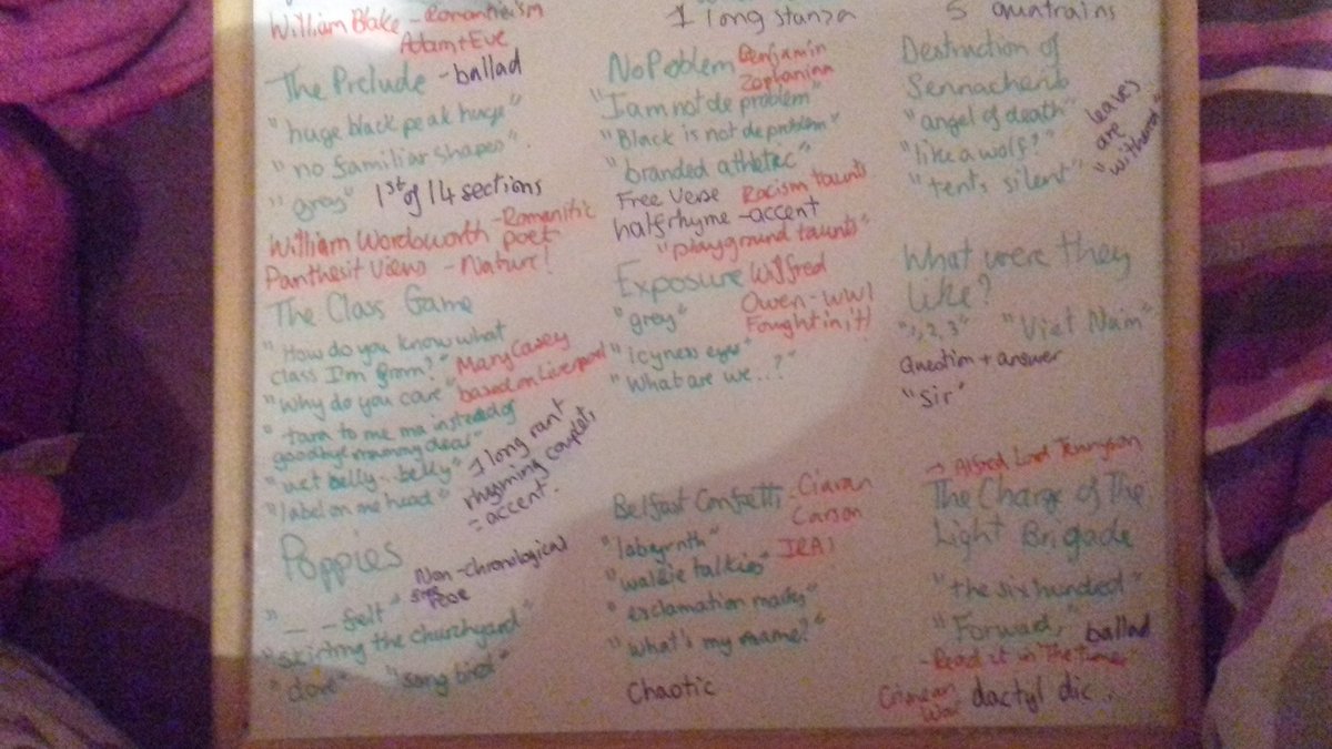 MissBennett_B's tweet image. Struggling to revise poetry? Write the poem titles you can remember with mini quotes, context and structure. #colourcode @NealeWade @EdexcelTeachers