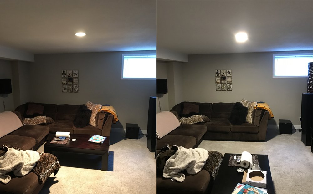 ExquisiteElec's tweet photo. Do you want more light in your basement?  Check out the before &amp; afters of this Okotoks basement we visited yesterday. Simply upgrading one potlight to an 8" Slim LED potlight made a huge difference and lit up those dim corners. Give us a call at 587-333-3373! #morelightplease https://t.co/L9CcR7rA5P