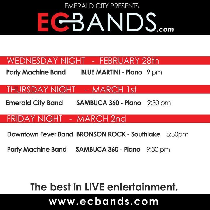 PMBandDallas's tweet photo. Check out where all the live events are this week! #ecbands #emeraldcityband #limelightdfw #downtownfeverband #partymachinedallas Blue Martini Plano Sambuca360 https://t.co/qUQvH786ll https://t.co/HFLTL7FSy2