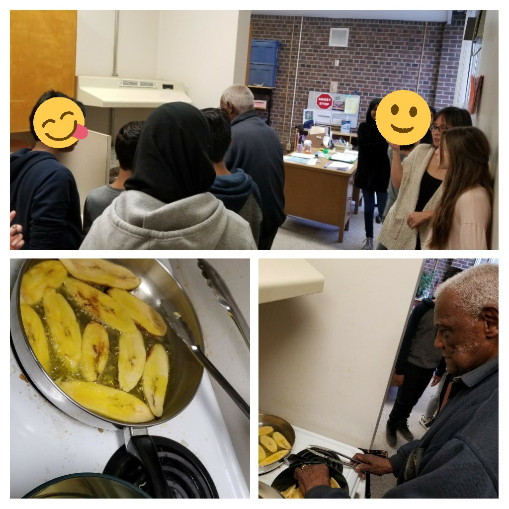 GraceHartmann3's tweet photo. 88 yr old Lebert sharing his #CookingWisdom with #CookingClub @TDSB_Donwood! Thank you for showing us how to cook yummy fried plantain! https://t.co/49jW1XKxXl
