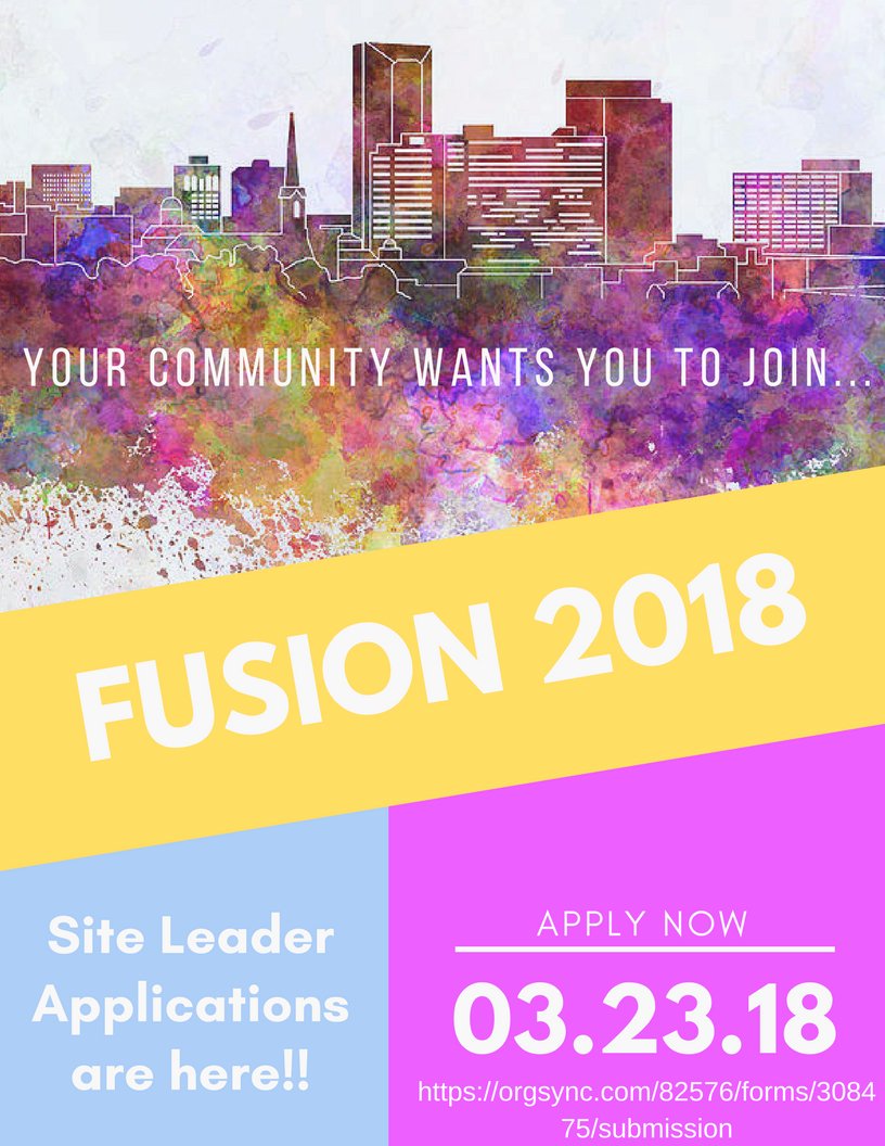 Fusion is now looking for 2018 Site Leaders! If you think you might be interested in becoming a Site Leader check out our application!
orgsync.com/82576/forms/30…