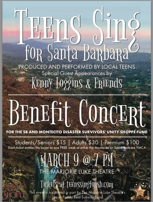 TheUnityShoppe's tweet photo. Join us on Friday March 9th at 7pm for Teens Sing For Santa Barbara, a benefit concert produced and performed by local teens, also featuring Kenny Loggins &amp; Friends. Proceeds benefit @TheUnityShoppe Disaster Services program, assisting SB &amp; Montecito disaster survivors. https://t.co/3W9QPpgW5X