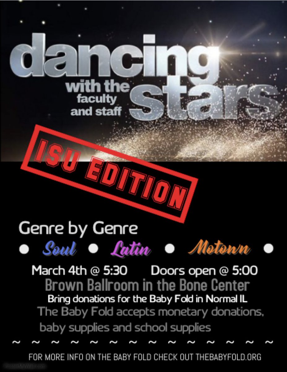 jaycpercell's tweet photo. Come out to support @TCH_ISU at "Dancing with the Faculty/Staff Stars" on Sunday 3/4 @ 5 pm in the #BrownBallroom. Admission is free, but bring school supplies or cash to donate to the #BabyFold. It's going to be #epic! @IllinoisStateU @educationISU #DWFSS #EdBirds #TCHSoul https://t.co/5vXh0ICz4T