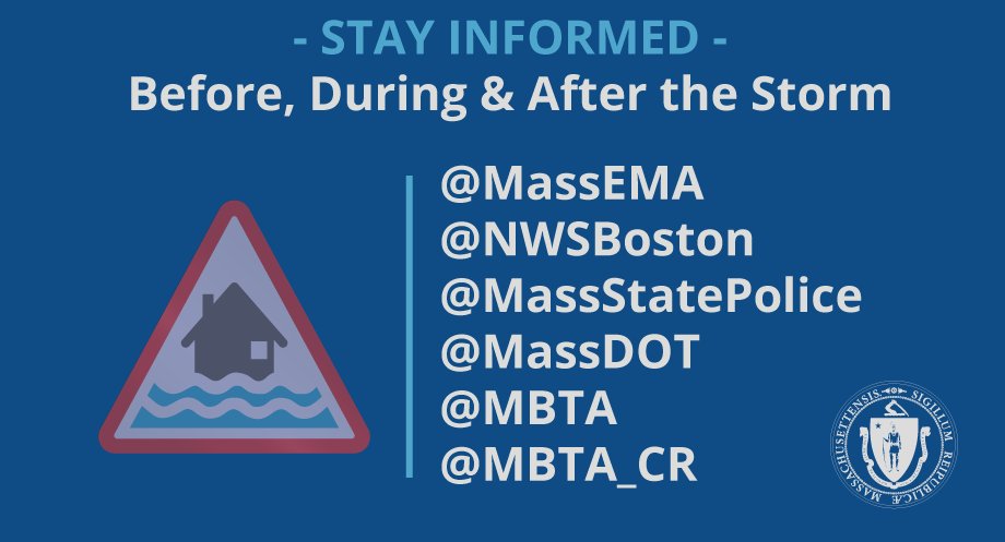 MAGovArchive's tweet image. Stay informed throughout the storm by following: 

@MassEMA
@NWSBoston
@MassStatePolice
@MassDOT
@MBTA
@MBTA_CR 

And heed any warnings and announcements from your city or town officials. 

#MAwx #MAsnow #Storm #Flooding