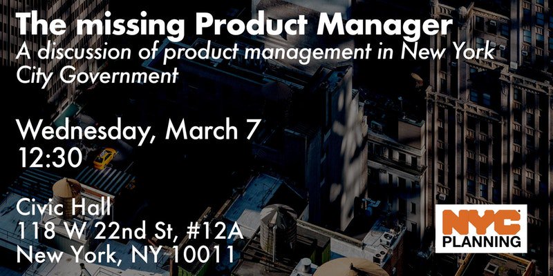 🗓Wed 3/7 #NYCOpenDataWeek
🏙<a href="/NYCPlanning/">NYC Planning</a> explores the role of #ProductManagement in building impactful #digital w/in gov
💻Intro: @_pichot on "building teams that build products that matter"
🎙Panelists: <a href="/NYCPlanning/">NYC Planning</a>, <a href="/NYCOpportunity/">NYC Opportunity</a>, NYC MODA
+ more
🎫: bit.ly/prdctmgmtCP7