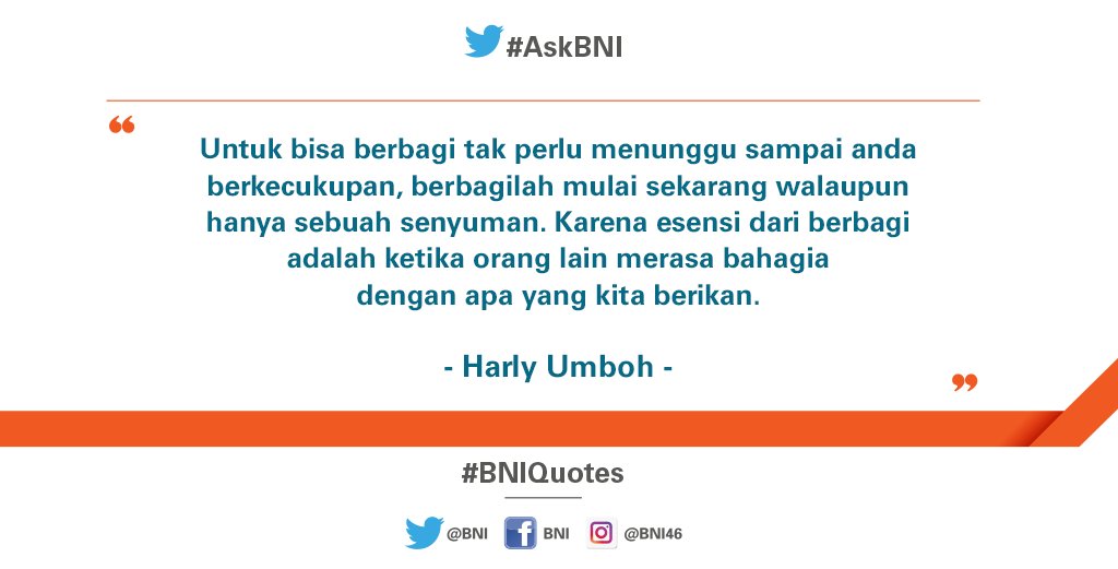 BNI's tweet photo. Semakin banyak berbagi, semakin banyak saudara kita yang tersenyum. Selamat hari Jumat, Sahabat BNI :) #BNIQuotes https://t.co/DKQYBpiPYg