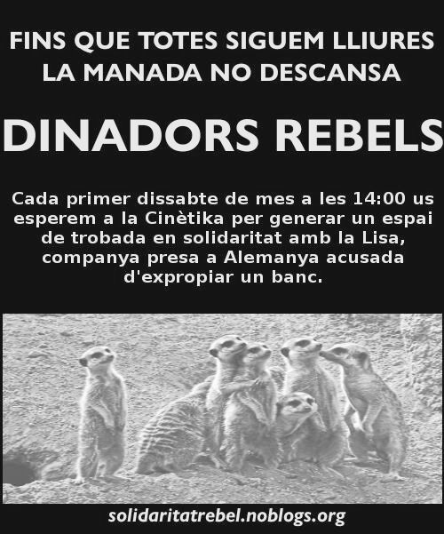 [#Barcelona] Cenadores rebeldes de <a href="/SolidaritatR/">#PresesAlCarrer</a> cada primer sábado de cada mes en <a href="/LaCinetika/">La Cinètika</a> para dar apoyo a nuestra compañera y amiga Lisa.