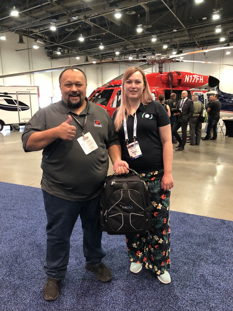 TracPlus's tweet image. Woop woop! Warren from @USArmy Aviation and Alan from Firehawk Helicopters with their new @MGFProducts #tracplus flight bags! #HAI_EXPO18