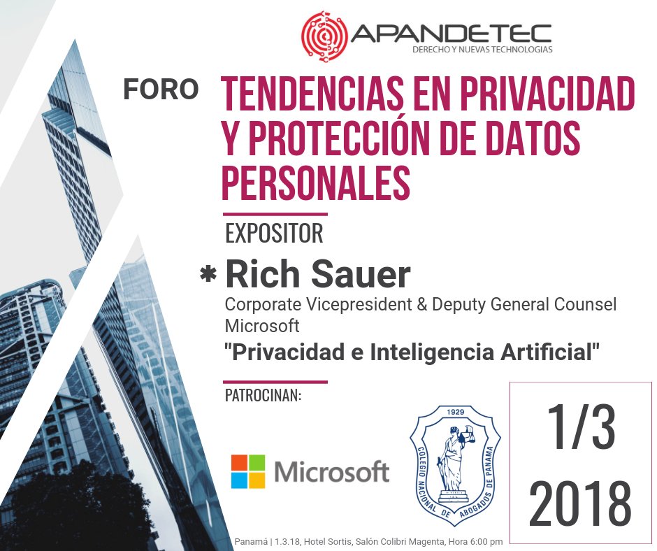 aandradex's tweet photo. Importante charla en el Foro @apandetec con la presencia de Rich Sauer, Vicepresidente Corporativo y Subdirector General de @Microsoft quien estará hablando sobre "Privacidad e Inteligencia Artificial"  @InnovacionPma #ForoAPANDETEC #15añosApandetec #ForoAPANDETEC https://t.co/OlSJwnC9j9