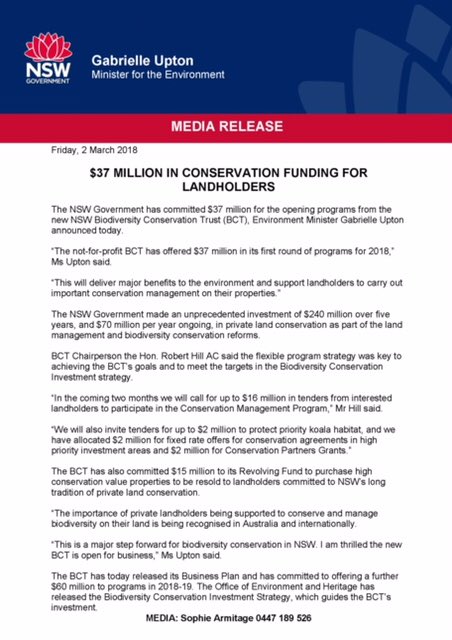 gabrielleupton's tweet photo. $37 million for #conservation funding grants on private land from #NSW Biodiversity Conservation Trust! This means NSW farmers can be paid to conserve endangered habitat &amp; #wildlife on their land. Great news for our community &amp; the #environment #nswpol @OEHmedia @BCT_NSW https://t.co/CV7qNQKY5T