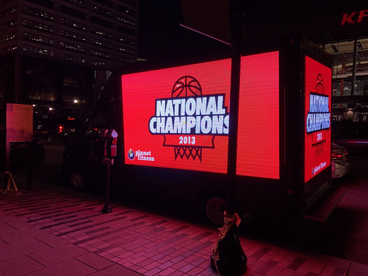 Sign truck outside th KFC Yum! Center for Louisville’s home finale against Virginia