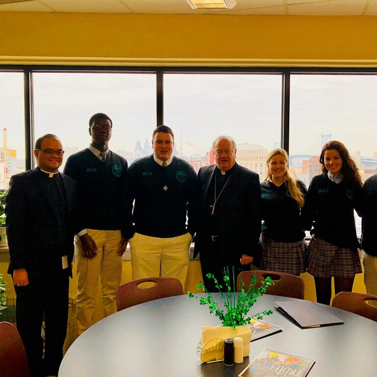 SGA Executive members. join Bishop Dennis Sullivan and other high school students to talk about security and violence in school. SJHS Student Government leaders are working with Principal Fr Allain Caparas to address security concerns/raise awareness of school violence/bullying.