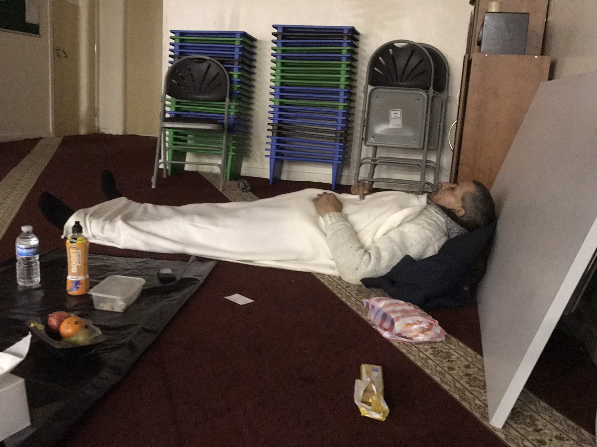 Jamie, one of our guests, fast asleep in a warm mosque. One less person sleeping rough in Manchester tonight 🙏#shelterforthehomeless