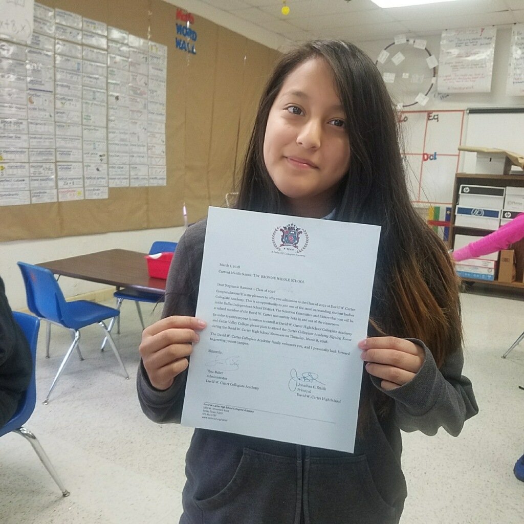CCA_CarterHS's tweet photo. Carter Collegiate Academy acceptance letter for Browne MS students! 
@CCA_Admin_Baker
@DWCarterHS @disdpolice @DallasPD @Carter__Hoops @DWCAthletics @DISDCollegiate
@CVCSuns @DallasCoPromise @WellsFargo @bridge_work @ExplorersDallas @DallasFireRes_q #cedarvalleycollege #Ptech https://t.co/uqZTdZrZoE