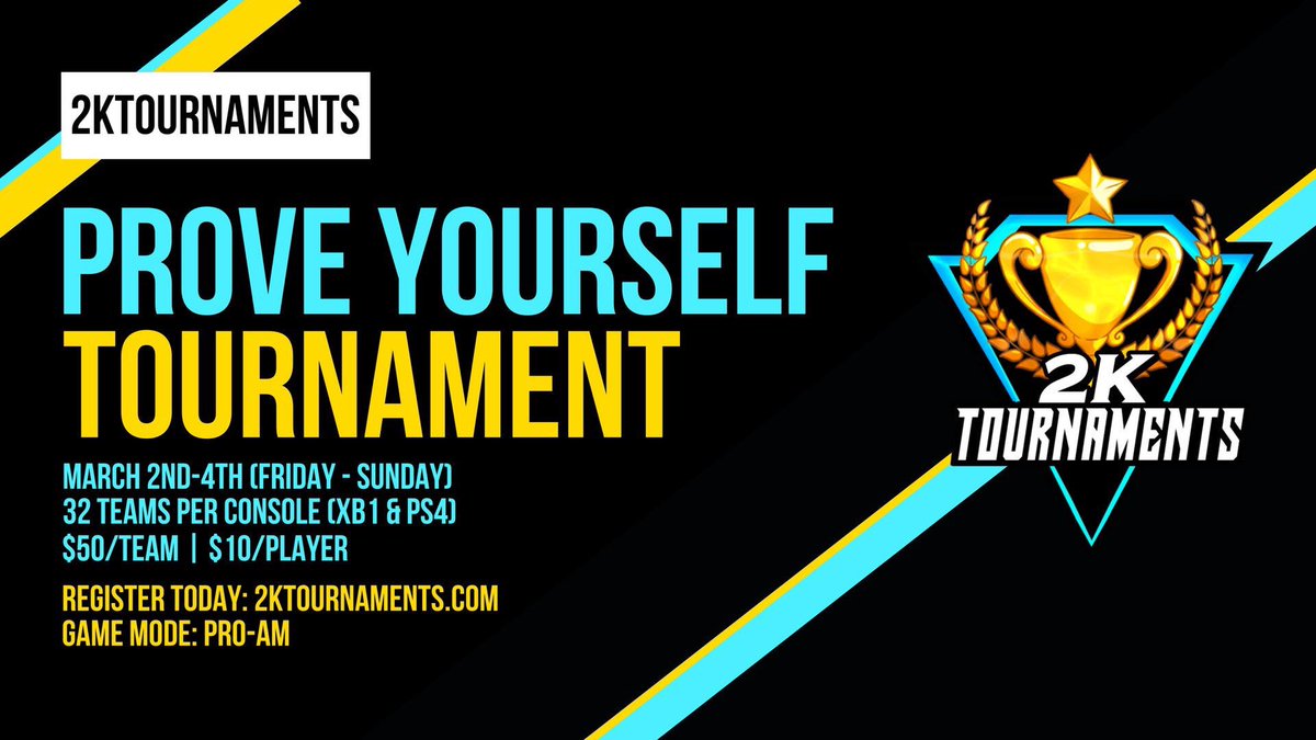 Just over 4 hours remaining to sign up for our #ProveYourself tournament!

Sign up here: 2KTournaments.com/tournaments