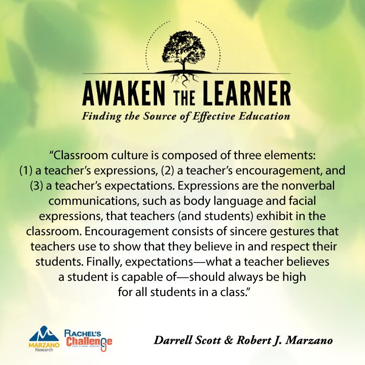 MarzanoResource's tweet photo. When a teacher monitors and positively adjusts these three elements of classroom culture, he or she is taking steps to ensure a warm and productive learning environment. Source: https://t.co/U9cXTb6hMv https://t.co/DoCLYOnJCM
