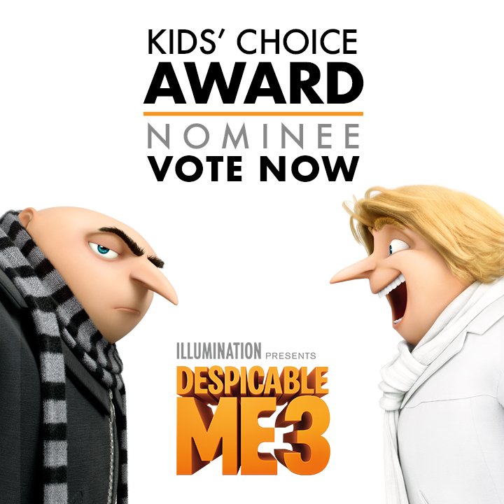 Despicable Me (@despicableme) on Twitter photo .<a href="/DespicableMe/">Despicable Me</a> 3 is nominated for Favorite Animated Feature at the Kids' Choice Awards. Vote Now: kidschoiceawards.com .<a href="/DespicableMe/">Despicable Me</a> 3 is nominated for Favorite Animated Feature at the Kids' Choice Awards. Vote Now: kidschoiceawards.com