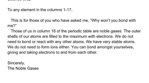 ScottKincaids's tweet photo. Pretty creative way of telling me why noble gases don't form chemical bonds with other elements.  #385edchat https://t.co/5m3BmeuJUB