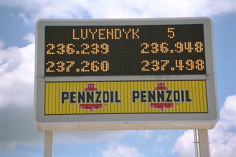Indymemories's tweet photo. The videoboard @IMS after @ArieLuyendyk sets the 4 lap track record https://t.co/Uko5QsfQ6Q